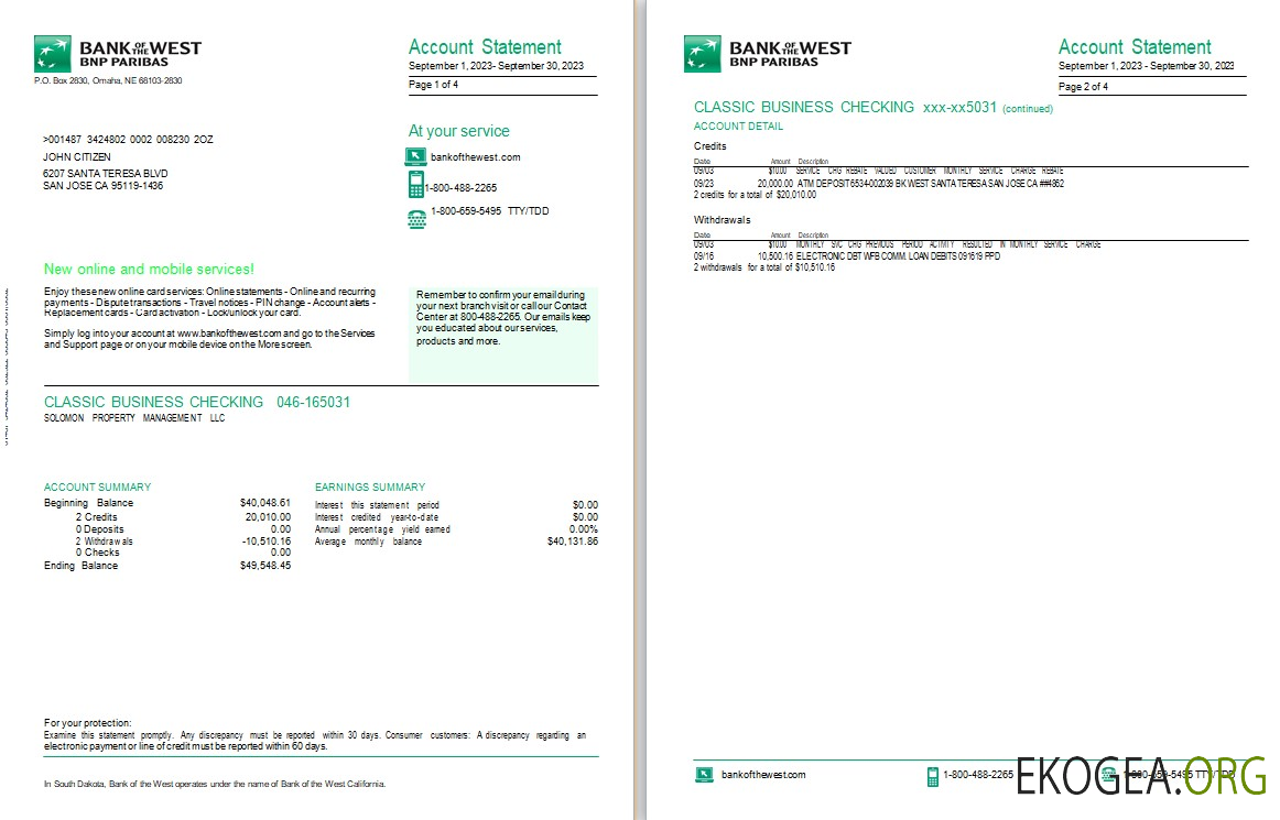 USA Dakota du Sud Bank of the West BNP Paribas, 4 pages template USA Dakota du Sud Bank of the West BNP Paribas, 4 pages template